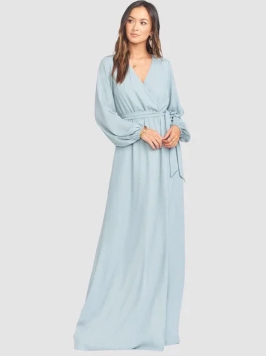 Show Me Your Mumu Dusty Blue Lady Long Sleeve Wrap Maxi Dress Medium